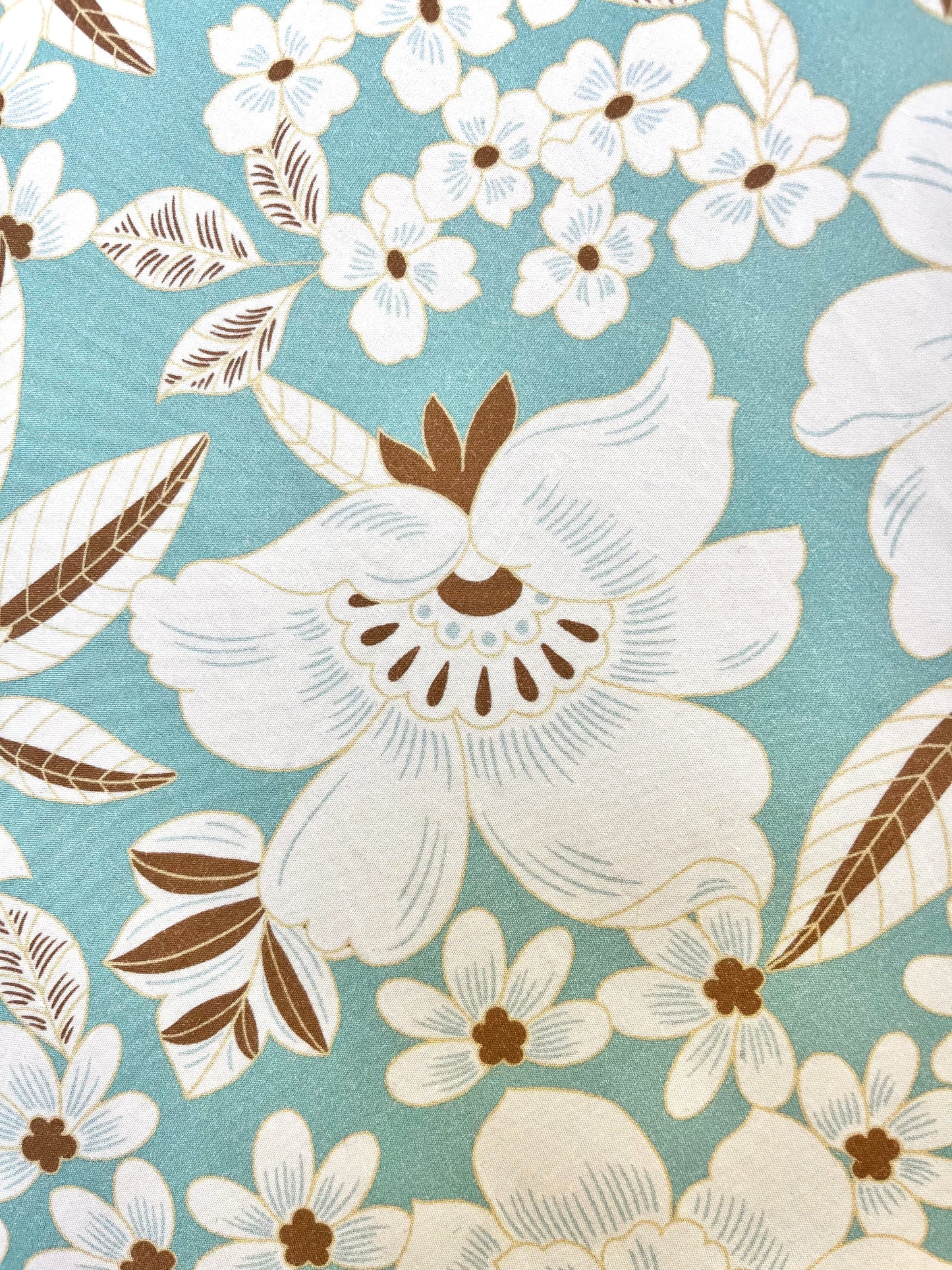 Designer Tropical Floral Print Cotton Poplin - Teal, White & Brown