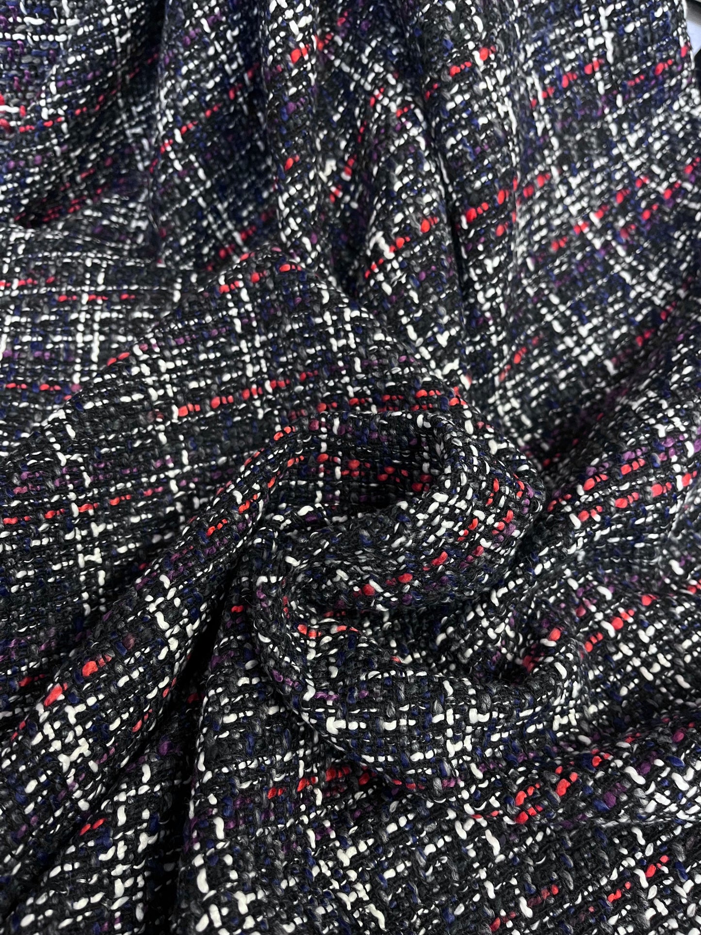Poly Rayon Woven Boucle - Charcoal, Red, Blue Purple & White