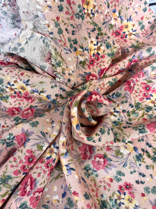 Crinkled Linen & Rayon - Pink Multicolor Floral