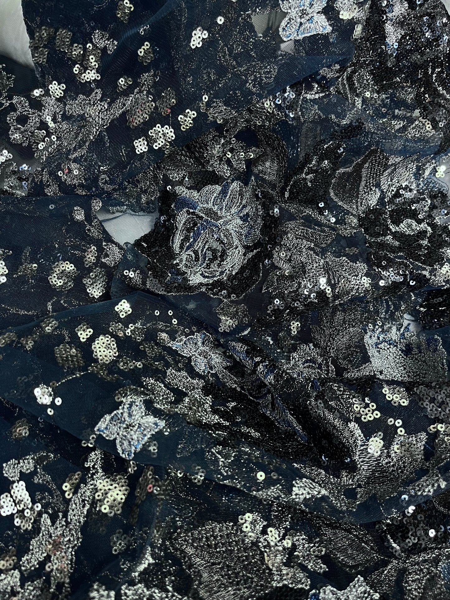 Floral Embroidered Sequin Mesh - Dark Blue & Silver