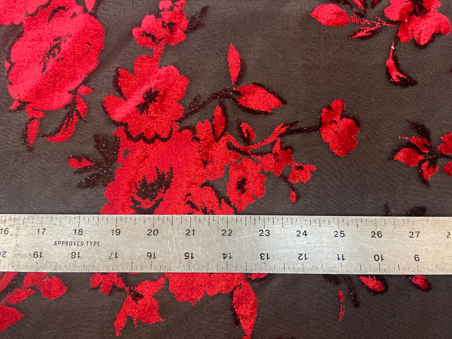 Rose Floral Print Velvet Burnout Mesh - Red & Black