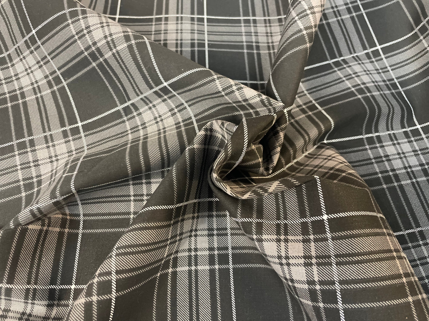 Stretch Cotton Plaid Print- Charcoal, Grey & White