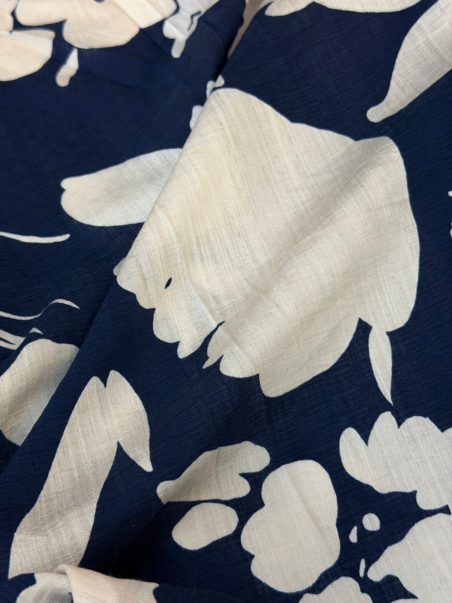 Textured Rayon Floral Print - Navy Blue & White