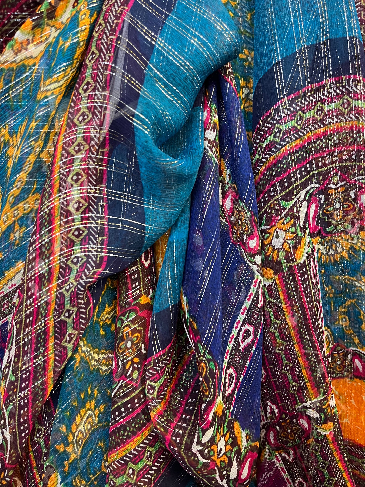 Italian Printed Silk Chiffon - Vibrant Multicolor & Silver Lurex