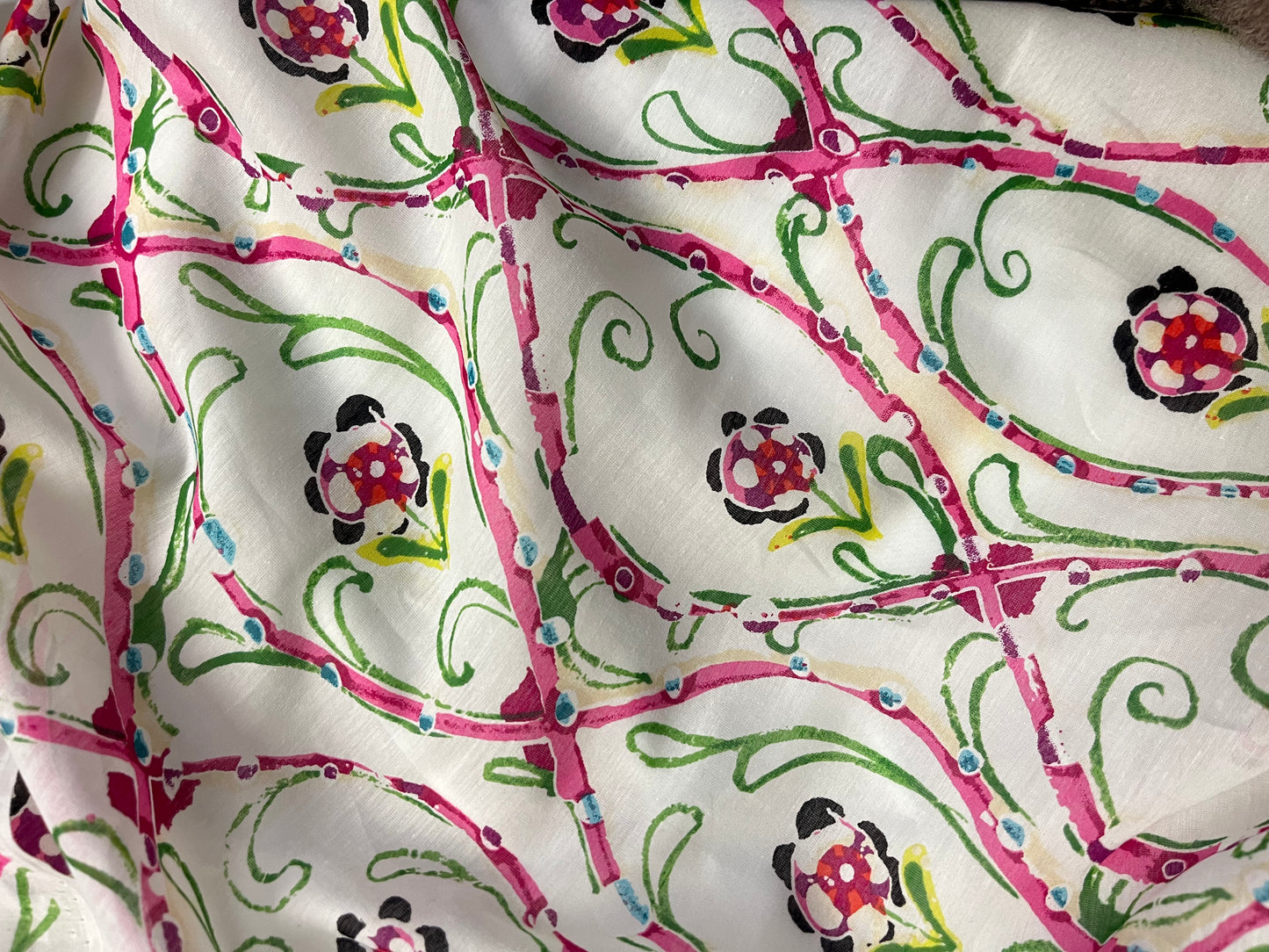 Floral Printed Silk & Cotton - Pink, Green & White