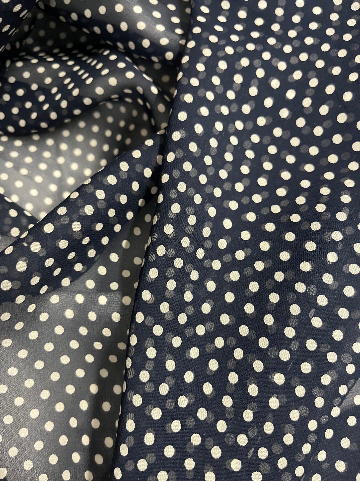 Polka Dot Printed Silk Georgette - Navy & Off-White