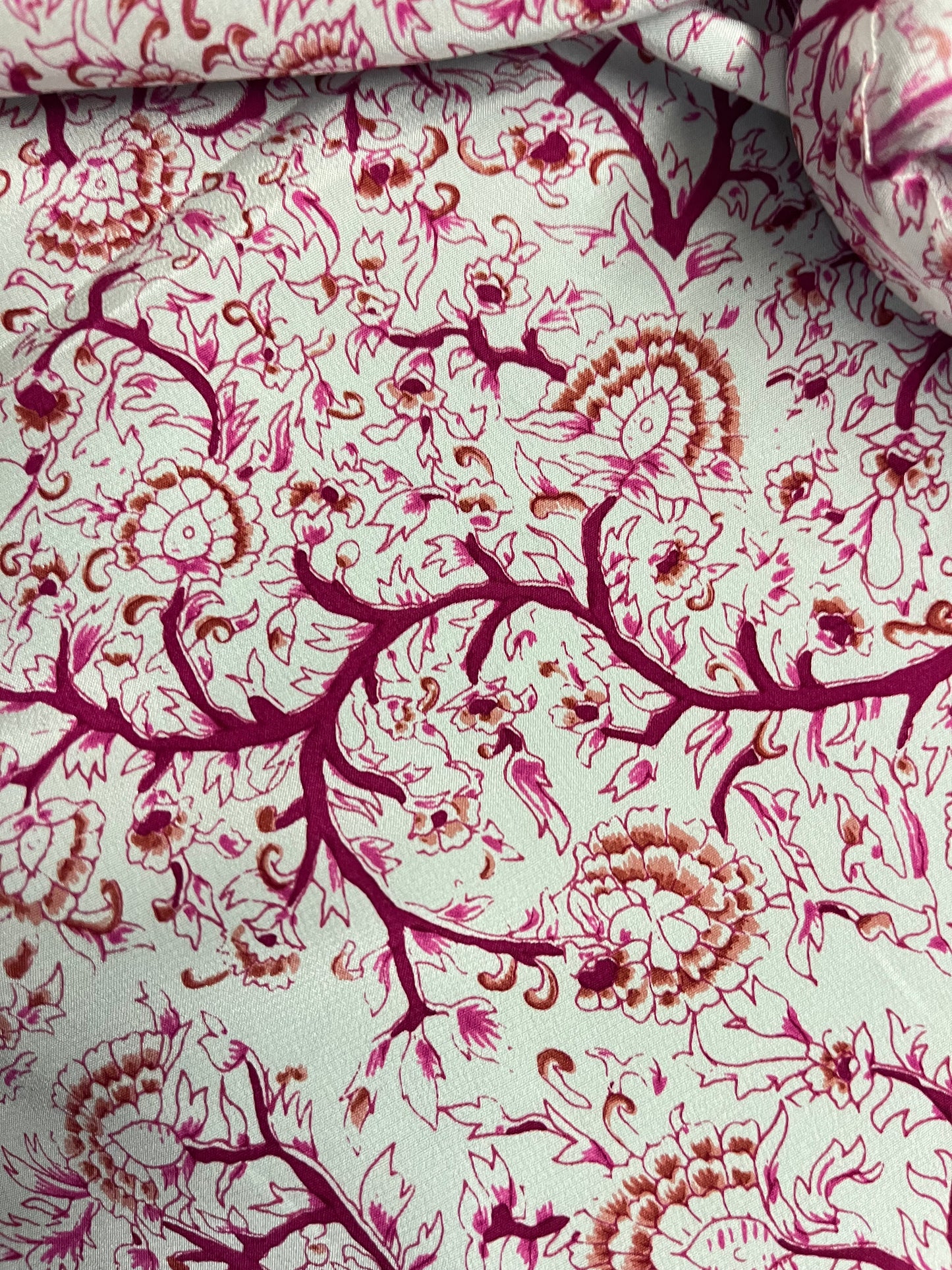 Floral Printed Silk Crepe De Chine - Off-White & Fuchsia