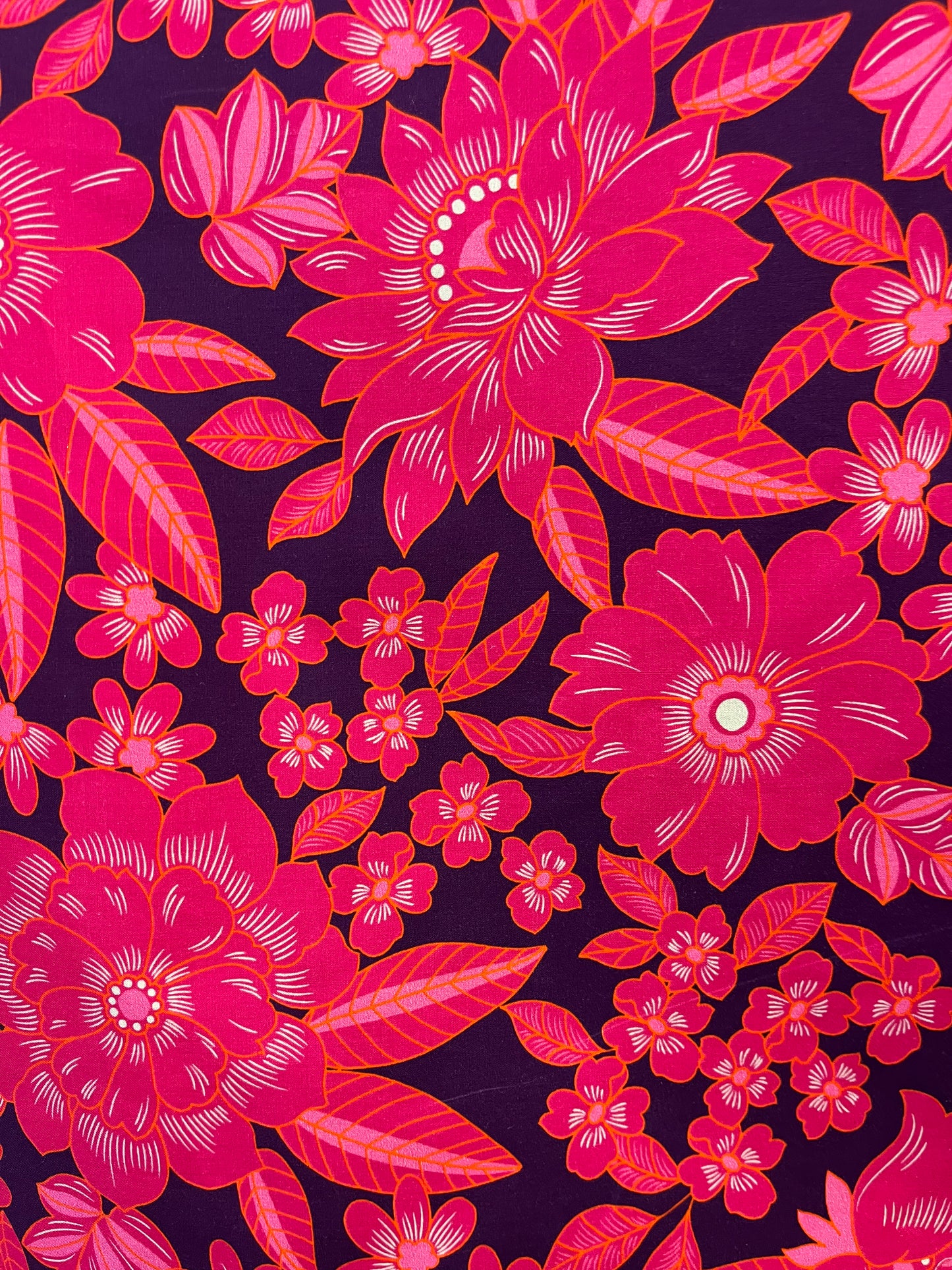 Designer Tropical Floral Print Cotton Poplin - Hot Pink & Purple