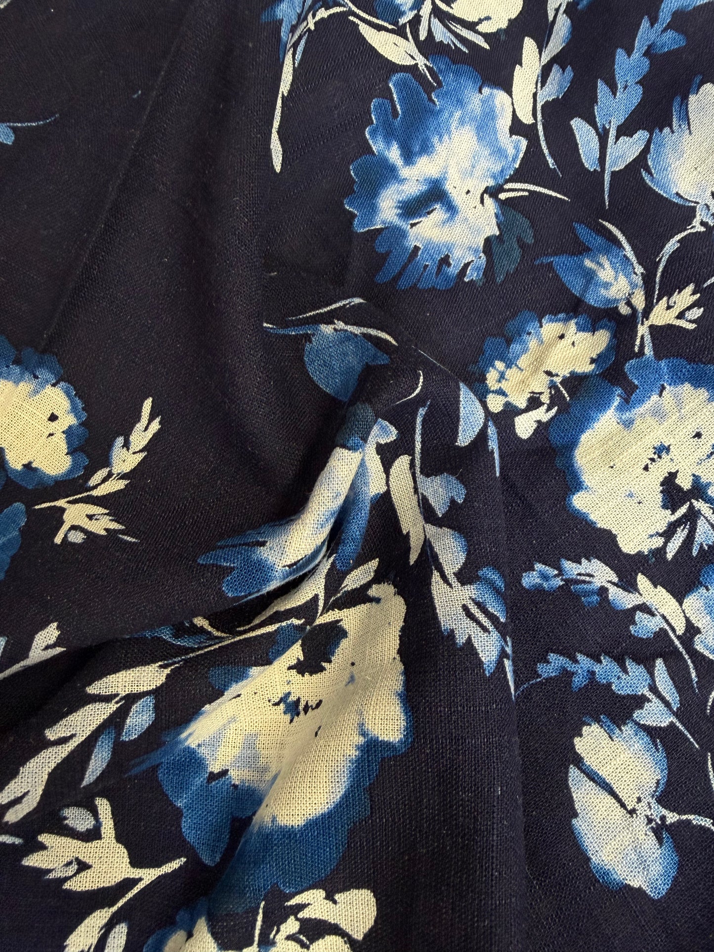 Linen Rayon Floral - Indigo Blue & White