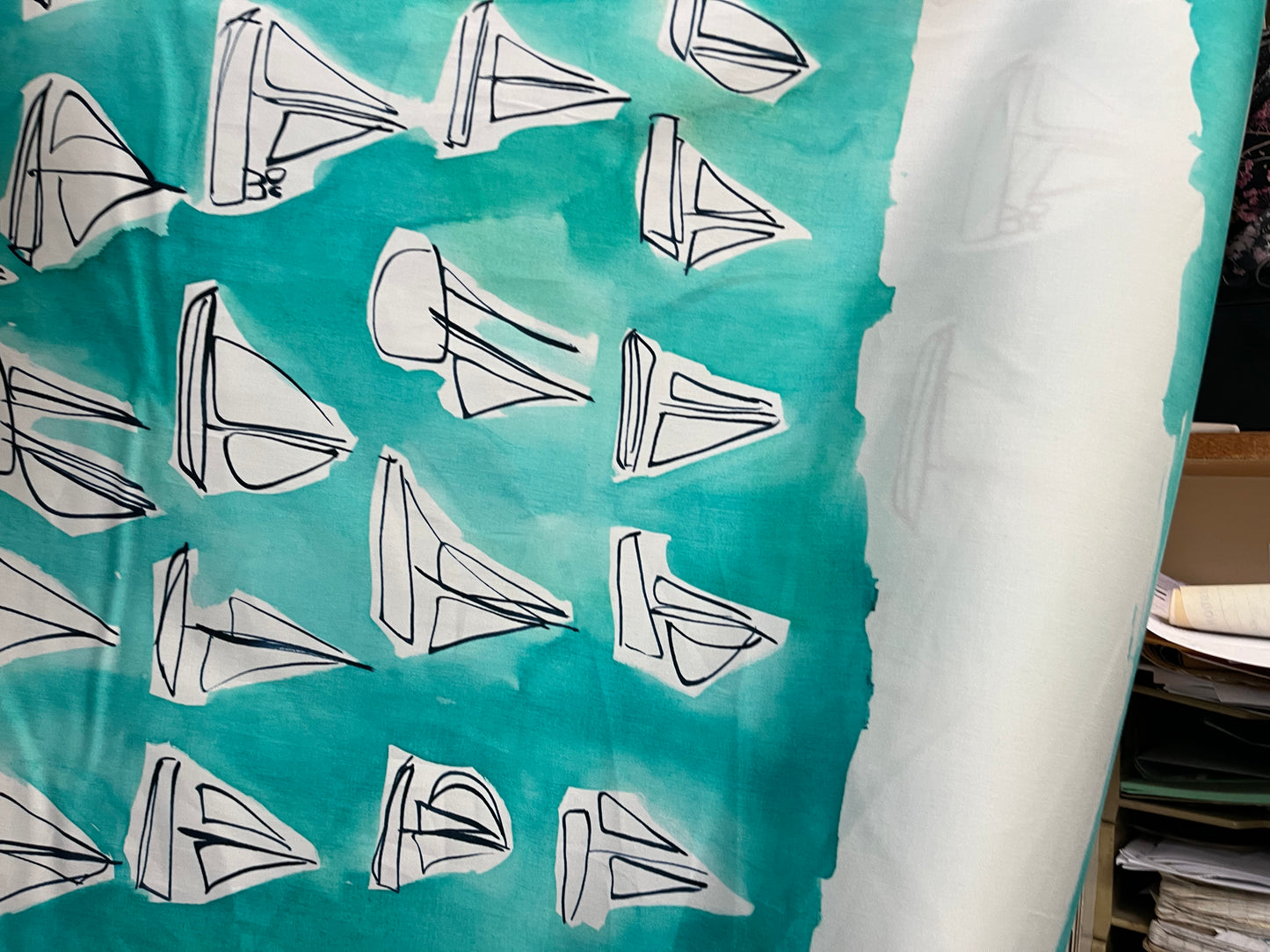 Cotton Sateen - Conversation Print - Watercolor Sailboat