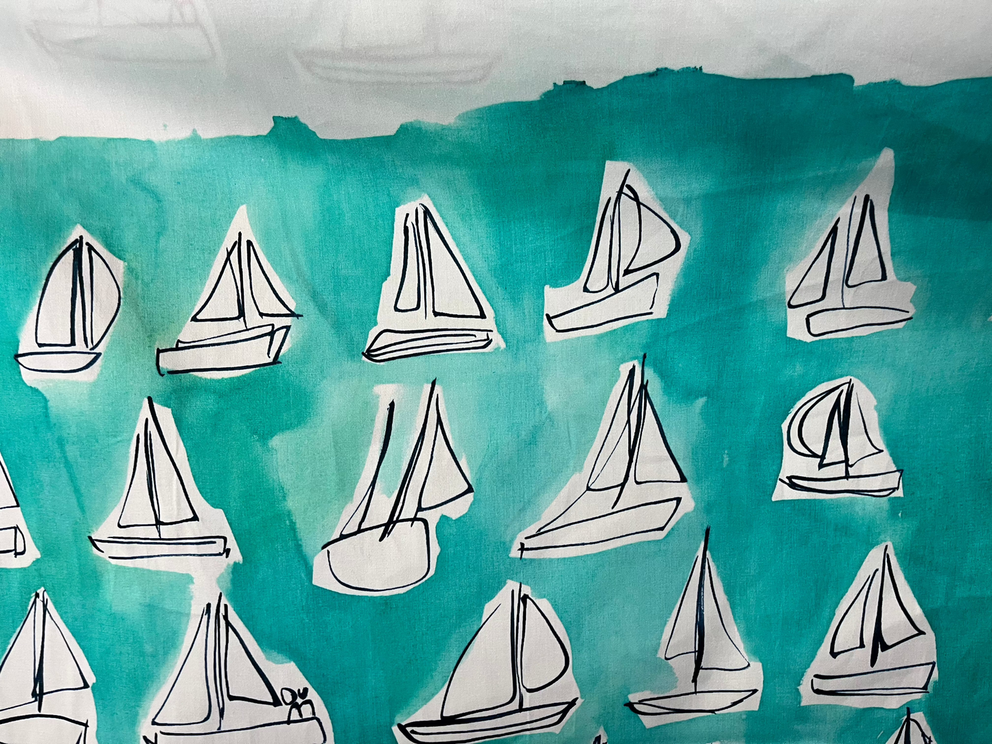 Cotton Sateen - Conversation Print - Watercolor Sailboat