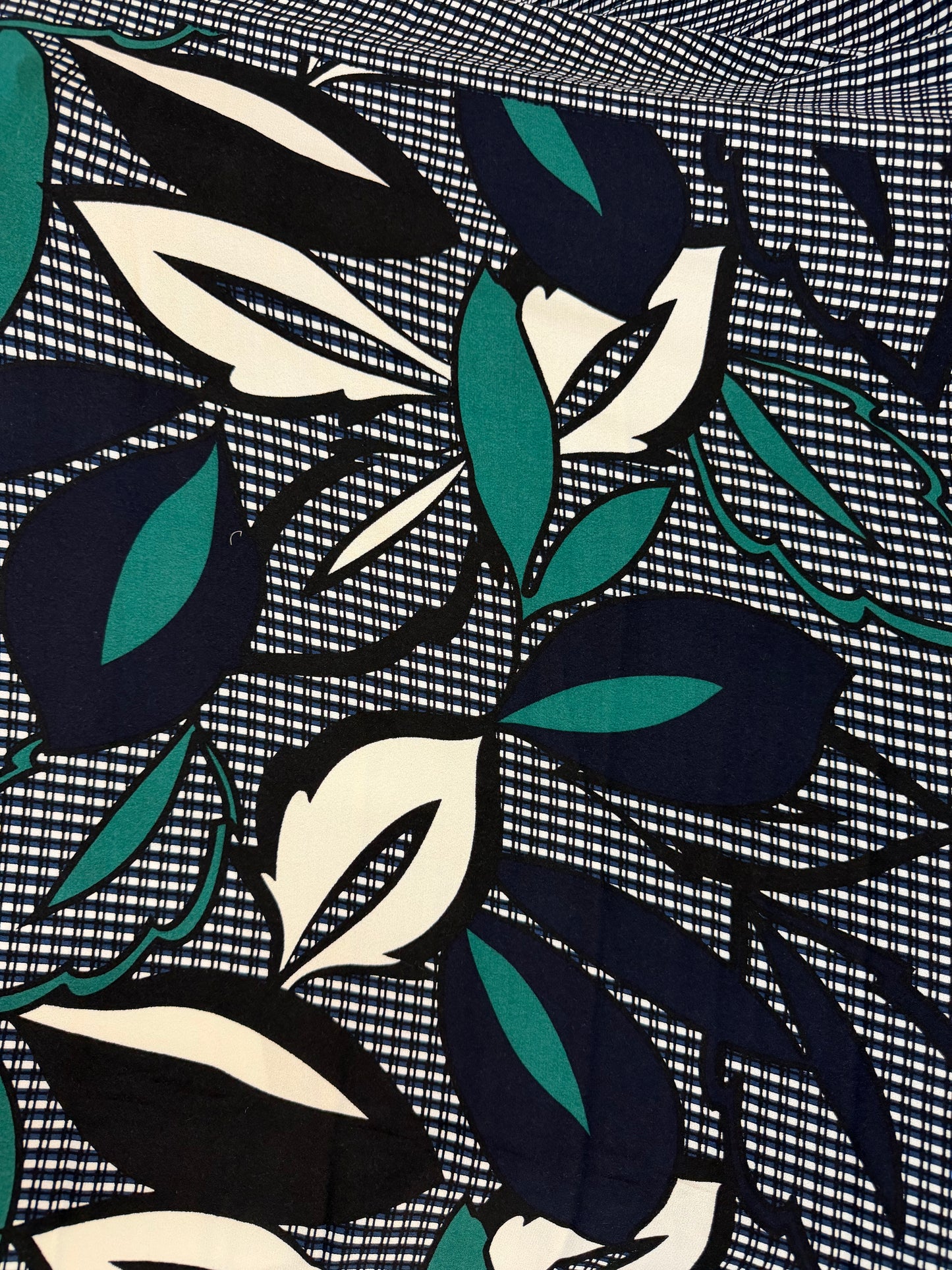 Plaid & Floral Textured Rayon Print - Black, Blue, White & Teal