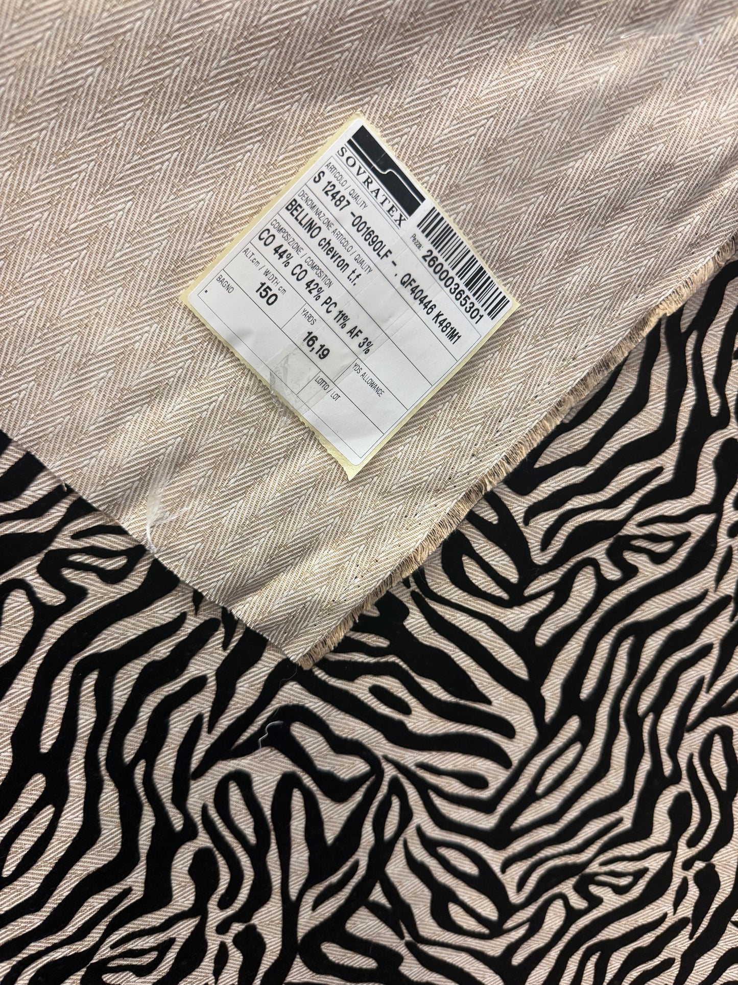 Zebra Velvet Applique Herringbone Cotton - Beige & Black - Italian