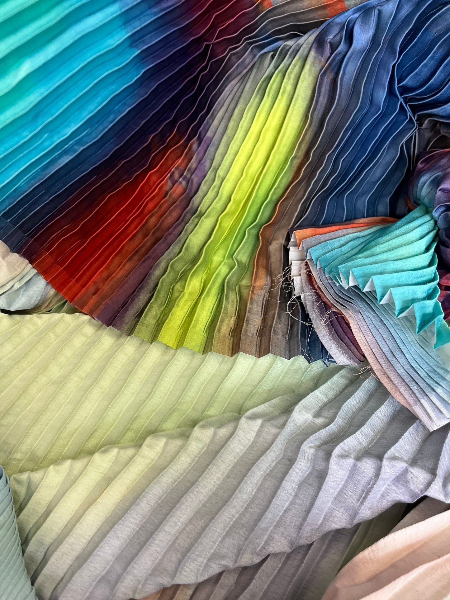 Abstract Print Pleated Poly - Teal, Orange & Green