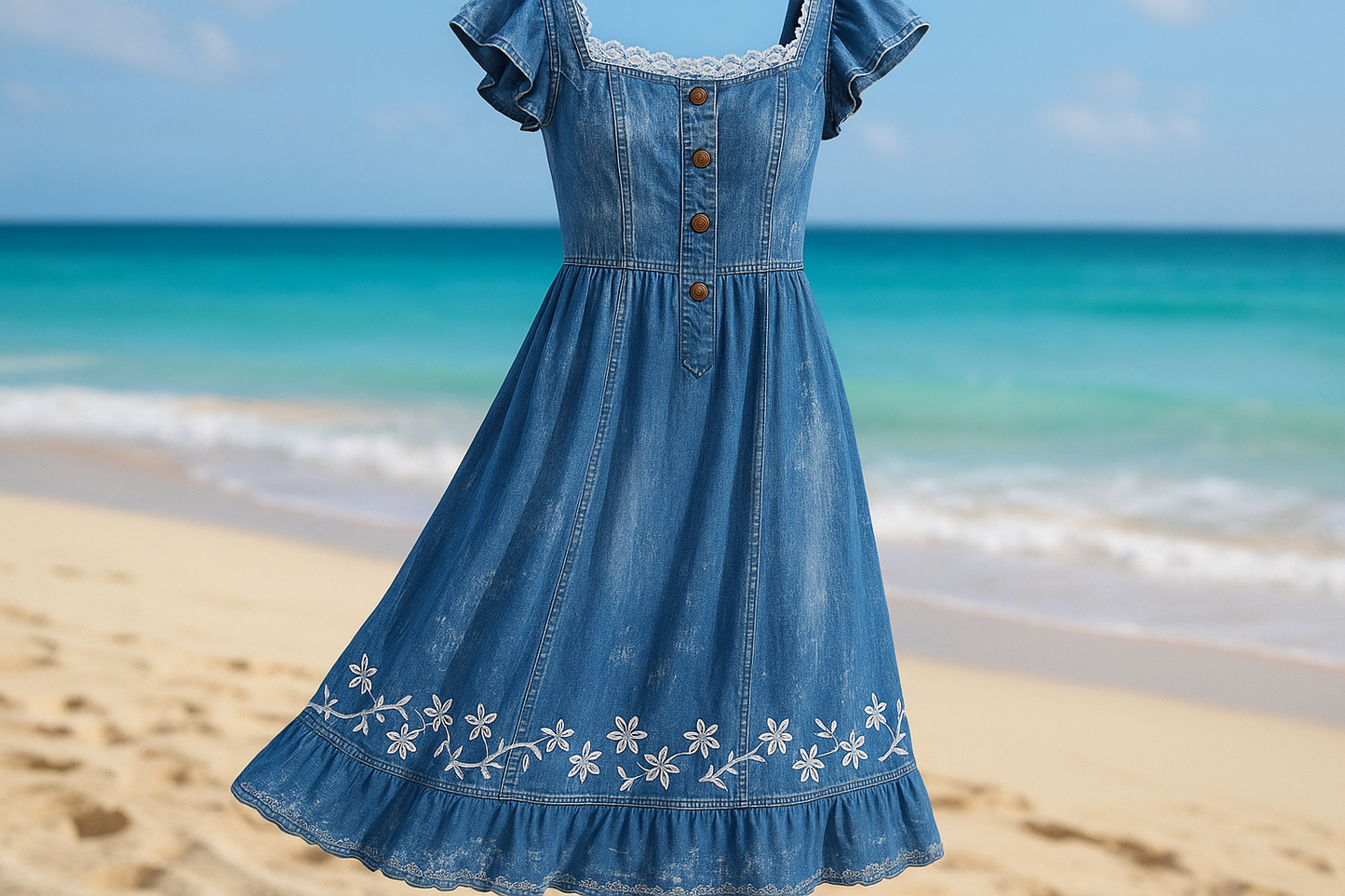 a beautiful dress for a happy occasion on beach in color blue denim with a lot of detail