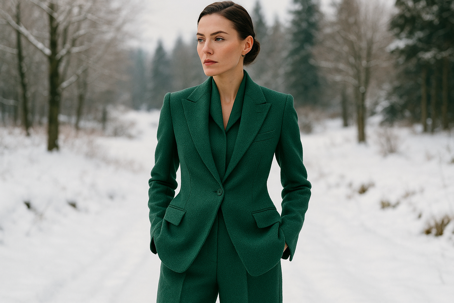 a desinger suiting in out door winter look with Italian Designer Textured Virgin Wool Crepe - Renewal Green