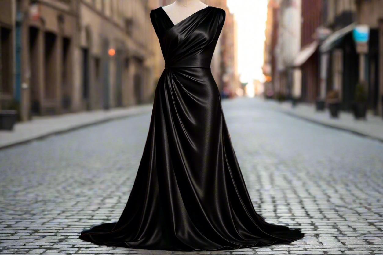 a detailed evening dress in city background for a jet black semi shiney rayon satin