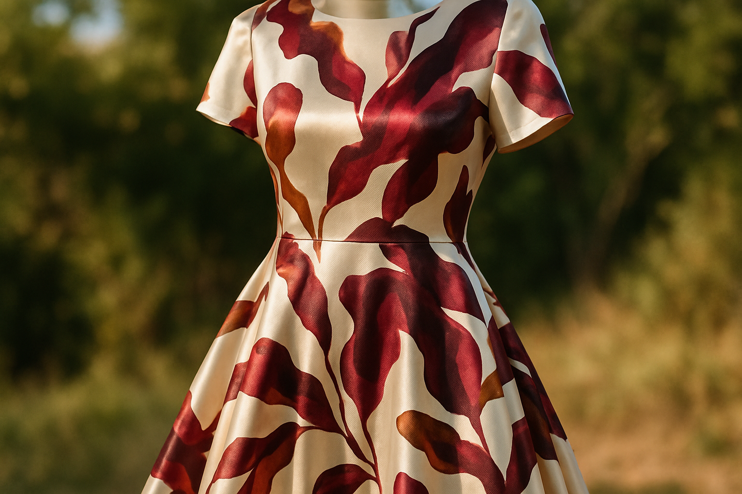 a dress in outdoor day time satin print fabric color ivory with abstract print color brown and different shade of burgundy
