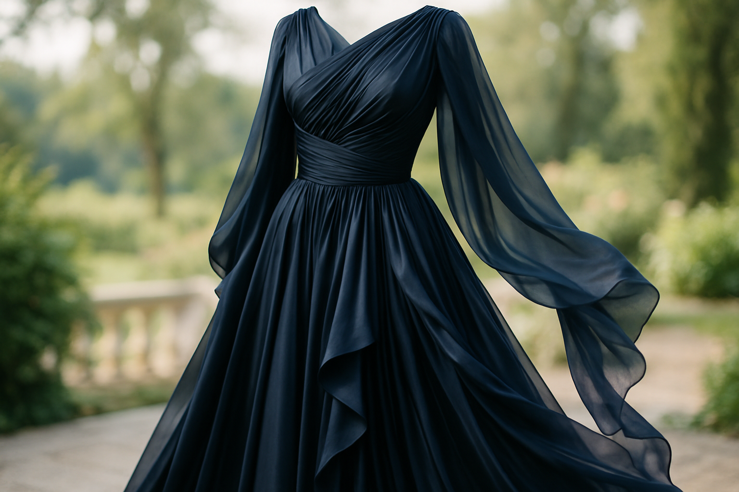 a fancy detail dress in light oudoor with Silk Satin Face Chiffon - Dark Navy