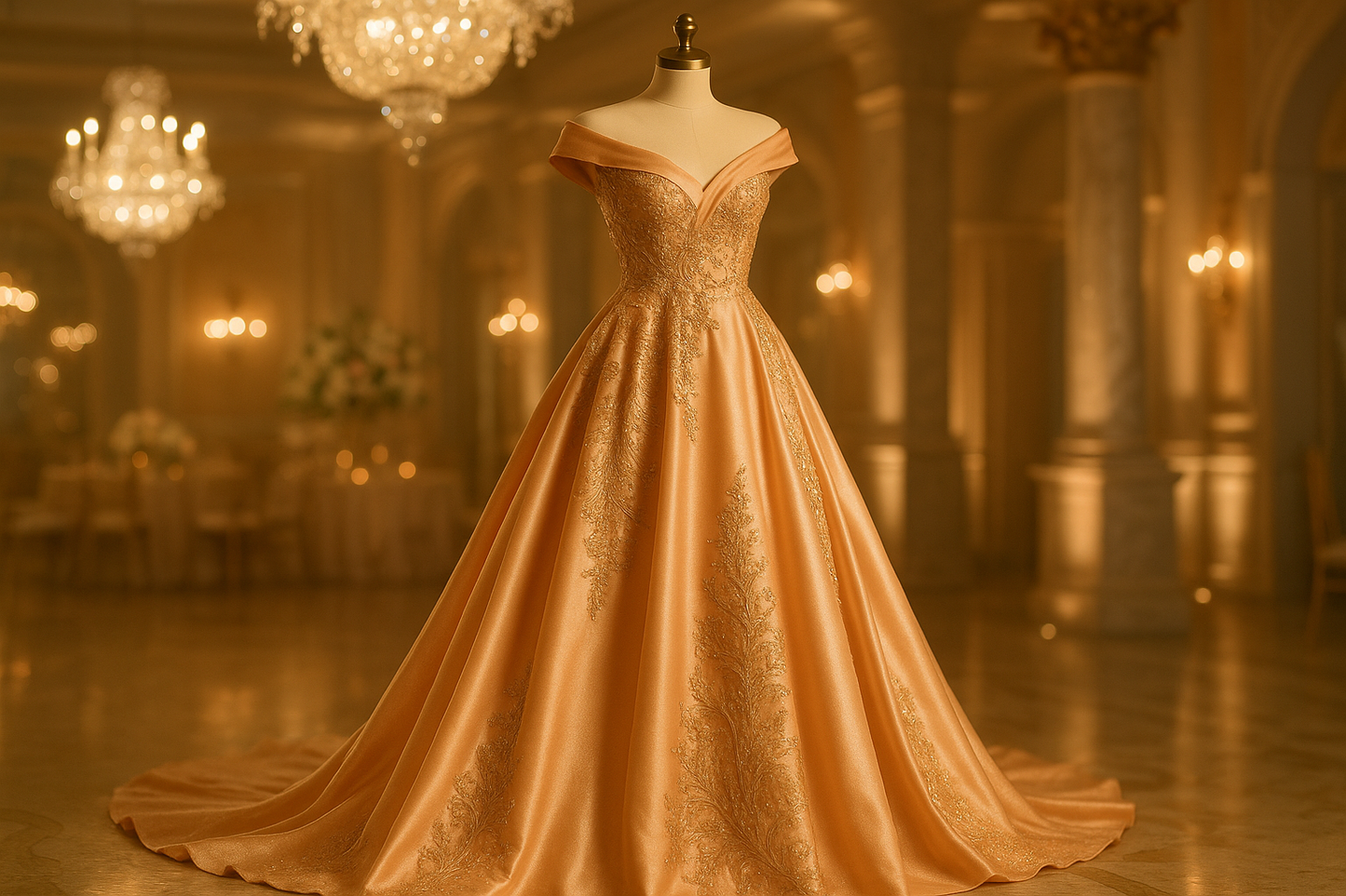 a fancy detailed dress in party place light background Poly Silk Zibeline color peach