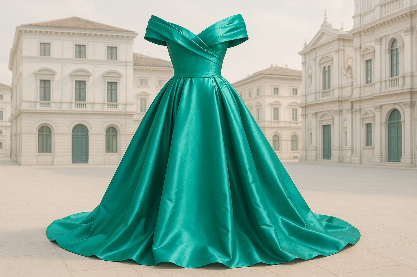 a fancy dress for party in light background with building for Italian Double Face Poly Taffeta - Green Cyan
