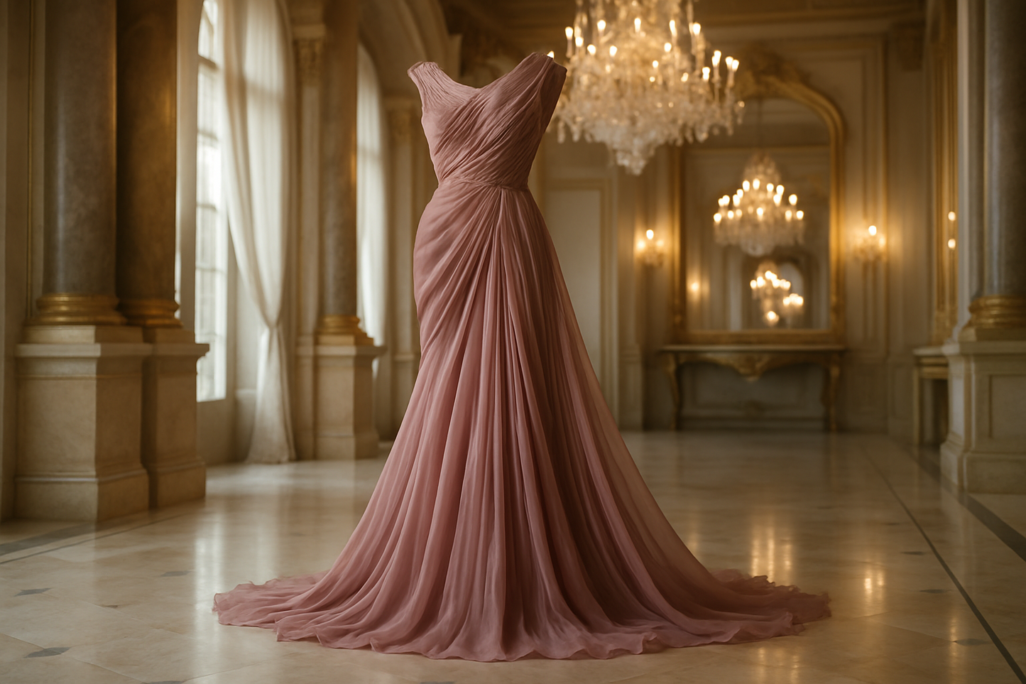a fancy long dress in fancy light background location with a lot of detail with silk chiffon in mauve color