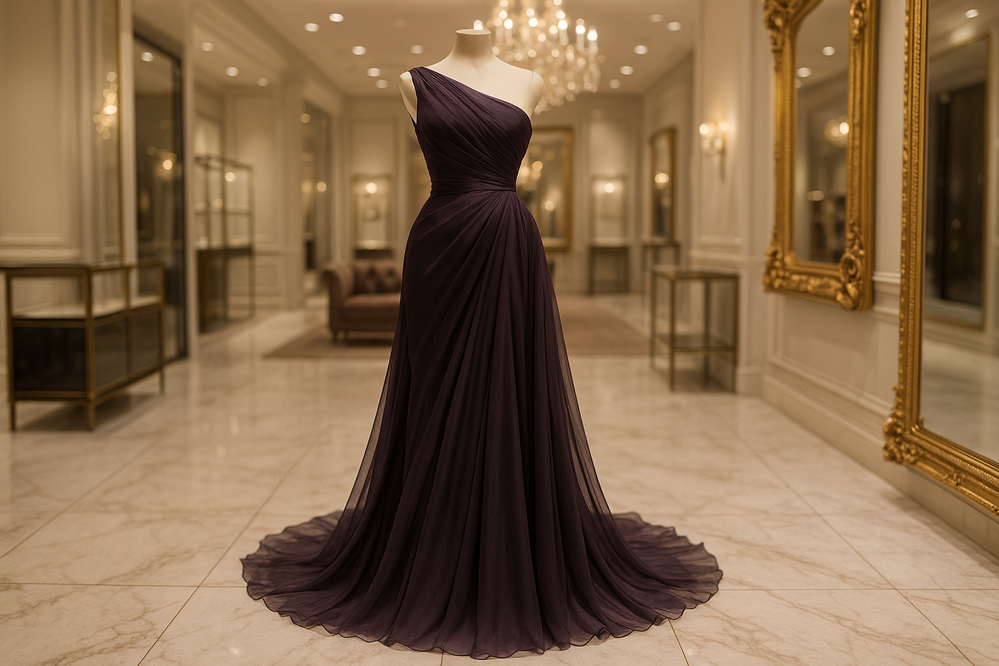 a fancy long dress in fancy location with silk chiffon dark purple