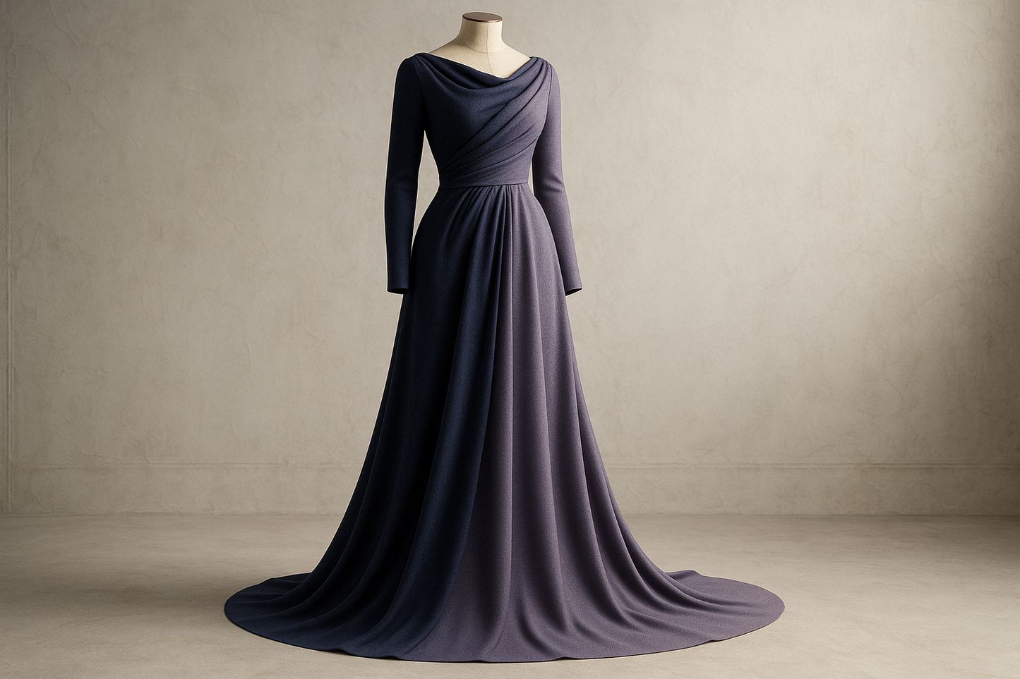 a fancy long dress with detail light background with Danish Double-Sided Wool & Cotton Jersey - Navy Blue & light Purple