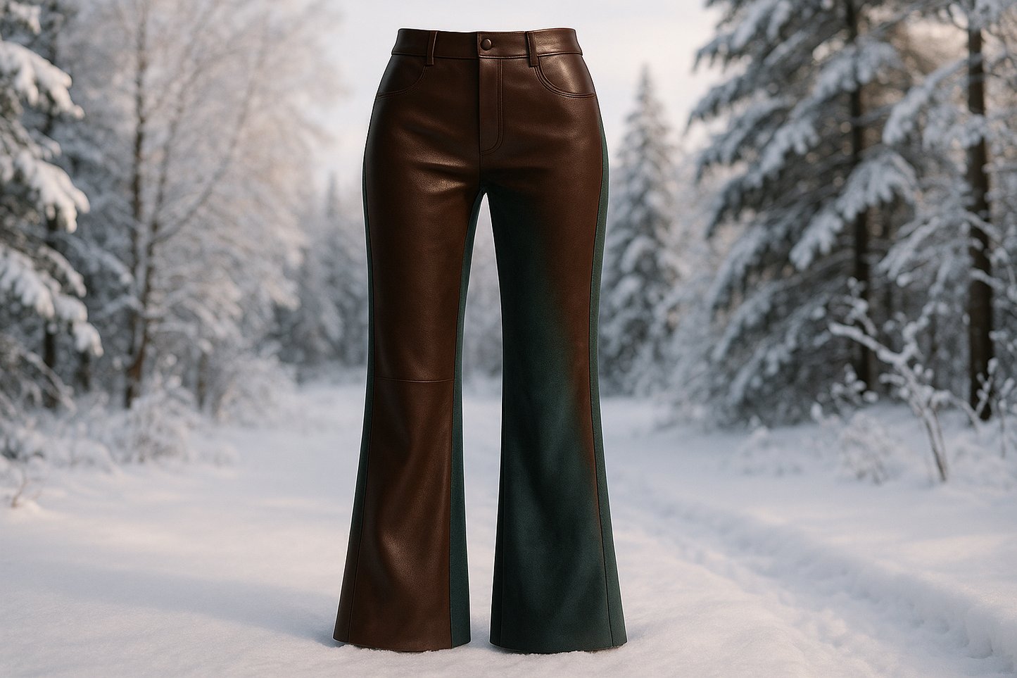 a fancy pants in winter oudoor background with Stretch Faux Leather/Suede- Chocolate Brown & Teal