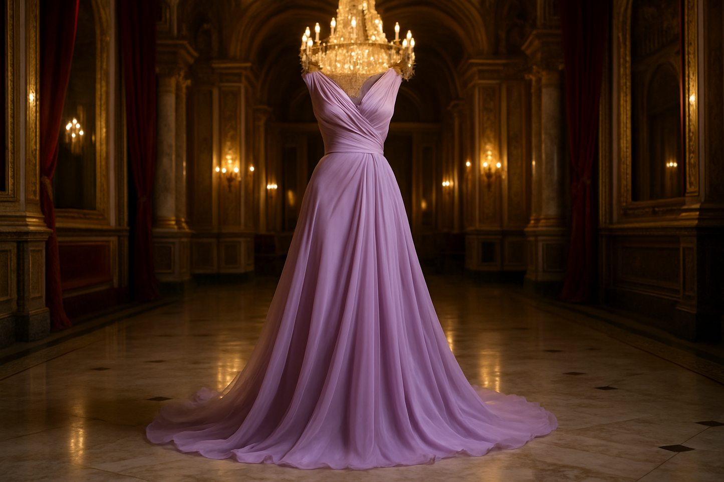 a long dress fancy in fancy location with silk chiffon lilac color