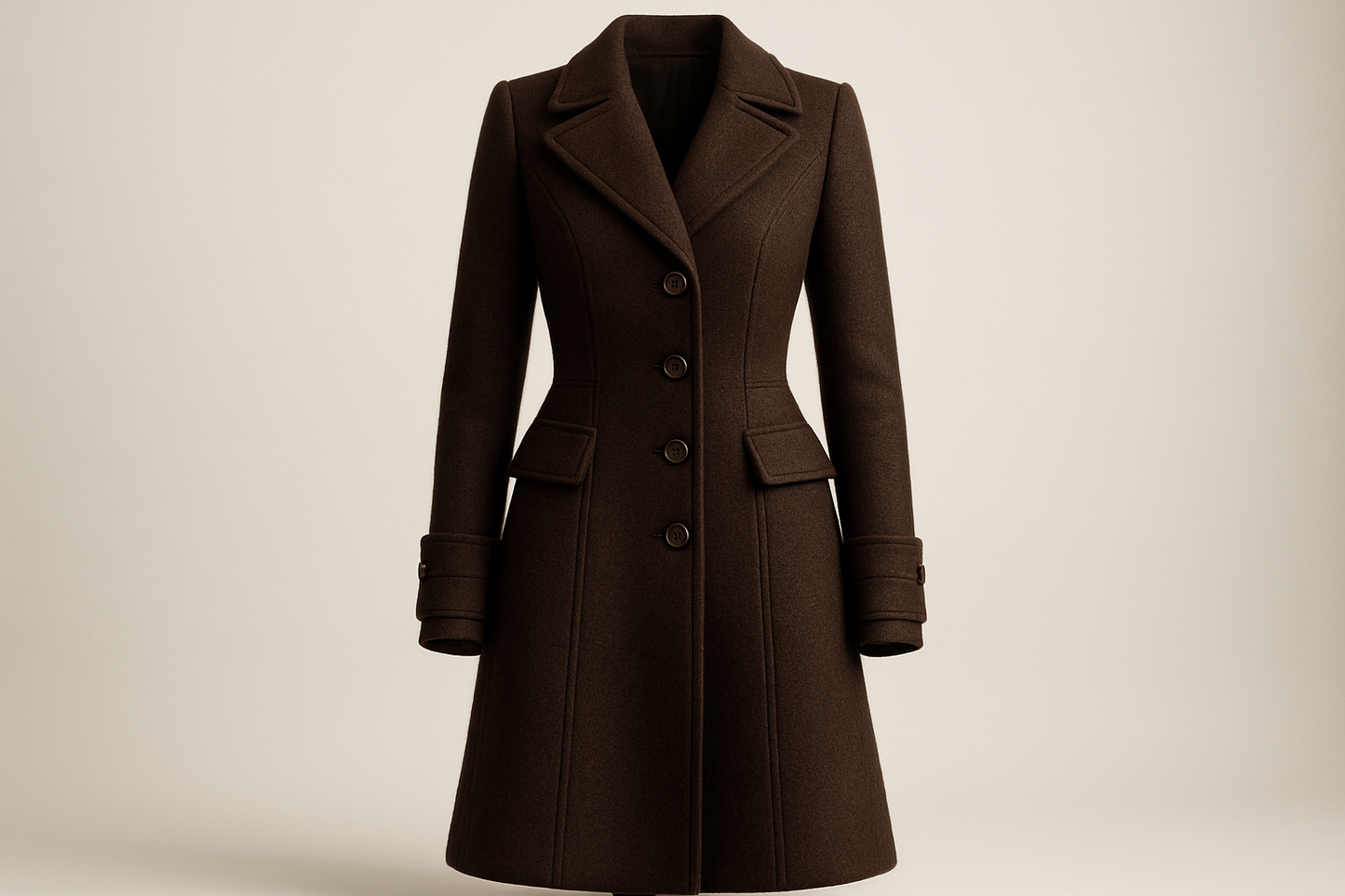 a long Ladies jacket With Detail in winter outdoor look This Designer Cashmere Wool is the ultimate luxury winter fabric. Soft, luxurious, and sure to keep you warm and in style. Treat yourself to skirts, dresses, coats, and jackets made from this beautiful cashmere wool! color dark brwon