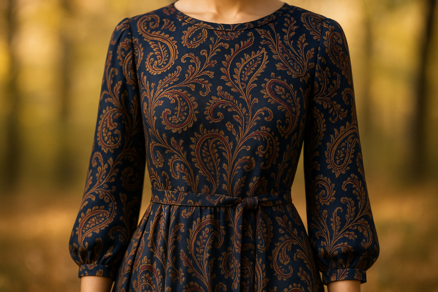 a lovely autumn dress with matte rayon satin with detail out door light background Paisley Printed -navy and burgundy and gold
