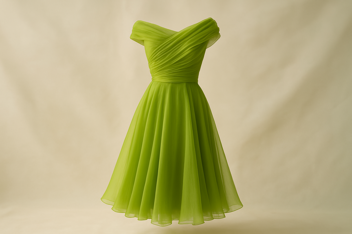 a lovely cock tail dress light relax background with silk chiffon kiwi green