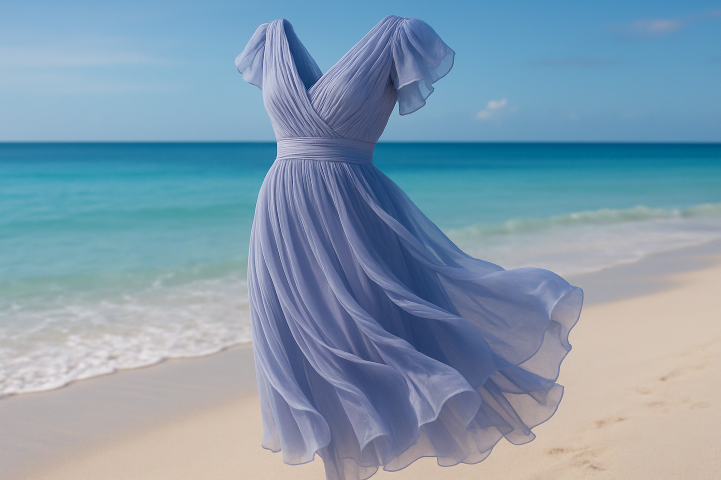 a lovely Detail dress in beach background silk georgette color periwinkle