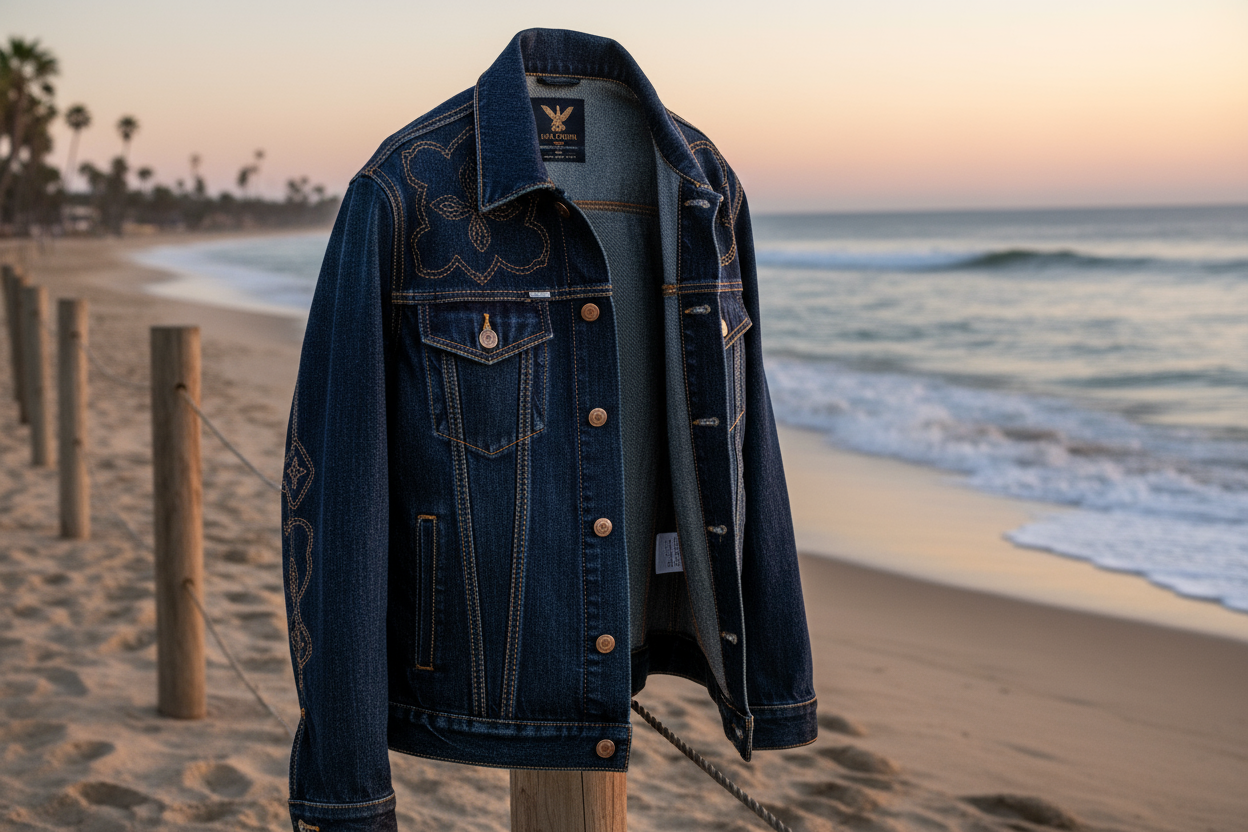 a lovely detail jacket with USA Cotton Denim - Dark Wash Blue in beach backgroun