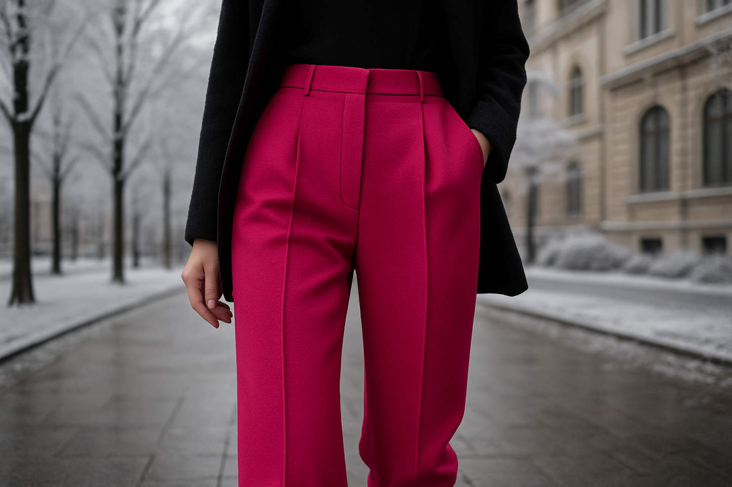 a lovely detail pants in cold weather out door with Italian Designer Double Faced Virgin Wool Crepe - Hot Pink