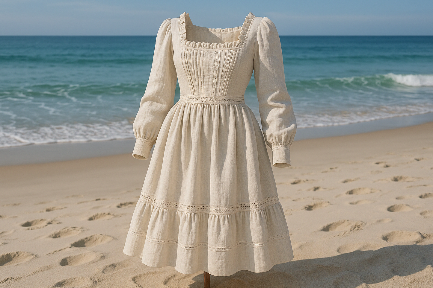 a lovely detailed dress in beach background with Medium Weight Linen - Winter White