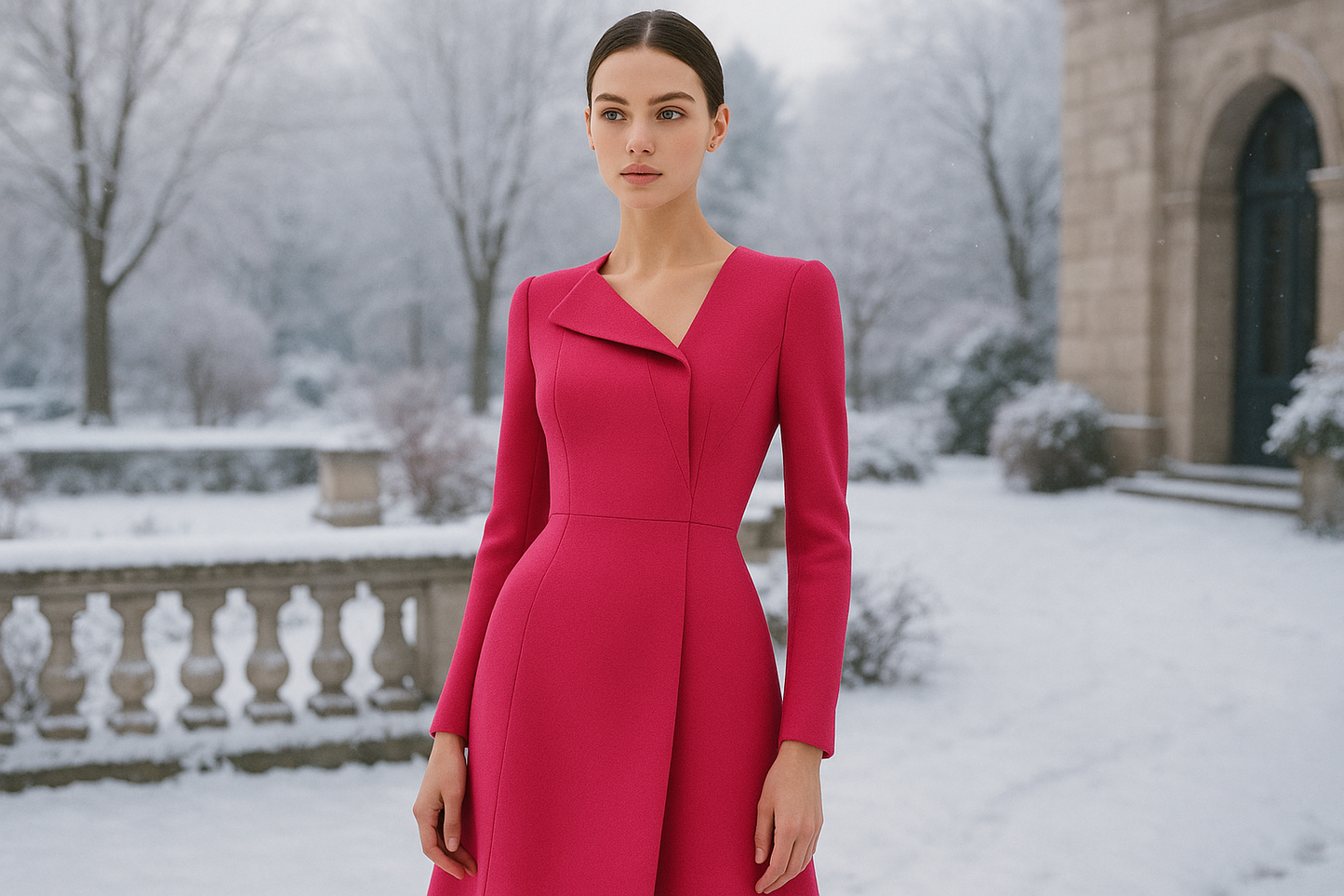 a lovely detailed dress in cold oudoor for Italian Designer Double Faced Virgin Wool Crepe - Hot Pink