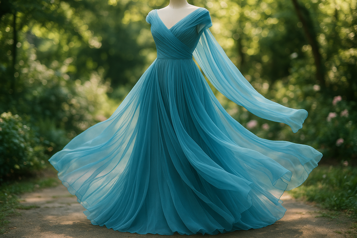 a lovely detailed dress in out door for Wide Silk Georgette - Azure Blue