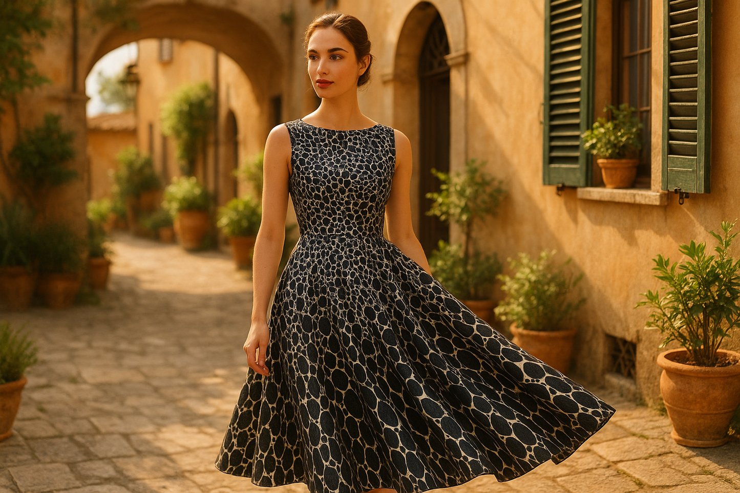 a lovely detailed dress in summer location out door Italian Pebble Printed Cotton Sateen - Black & White