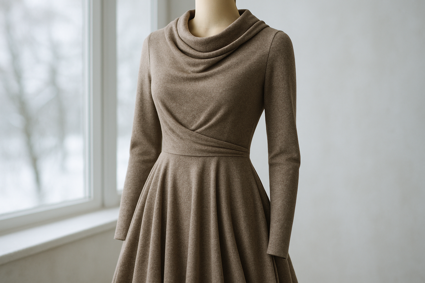 a lovely detailed dress in winter day light background for This fabric is a customer favorite! Versatile and luxurious Wool Jersey has a fantastic drape and very soft hand. This is a perfect fabric for making dresses, skirts & tops.