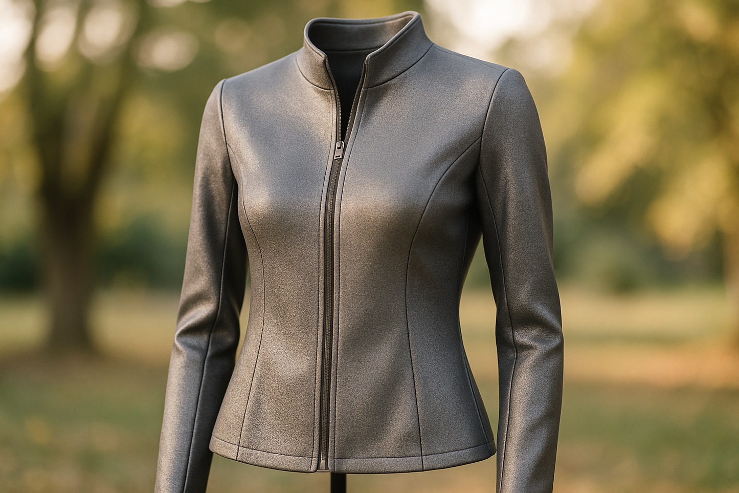 a lovely detailed jacket in light out door with This is a soft medium weight scuba fabric. With a soft metallic finish this scuba is thinner than the average scuba! Flexible, fashionable and while offering stretch for a great fit. Perfect for a jacket, pants, dress, or skirt.
