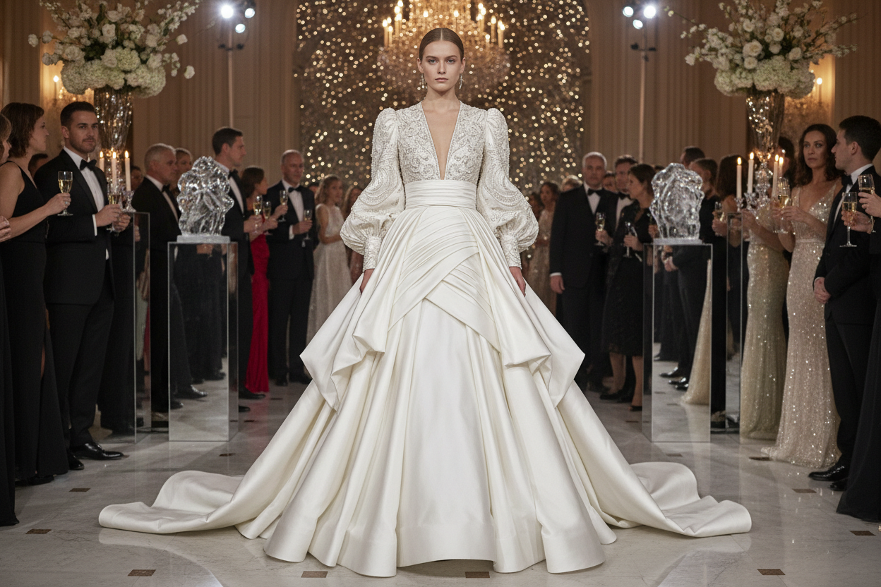 a lovely detailed long dress in party background with Silk Taffeta Wide - Bright White