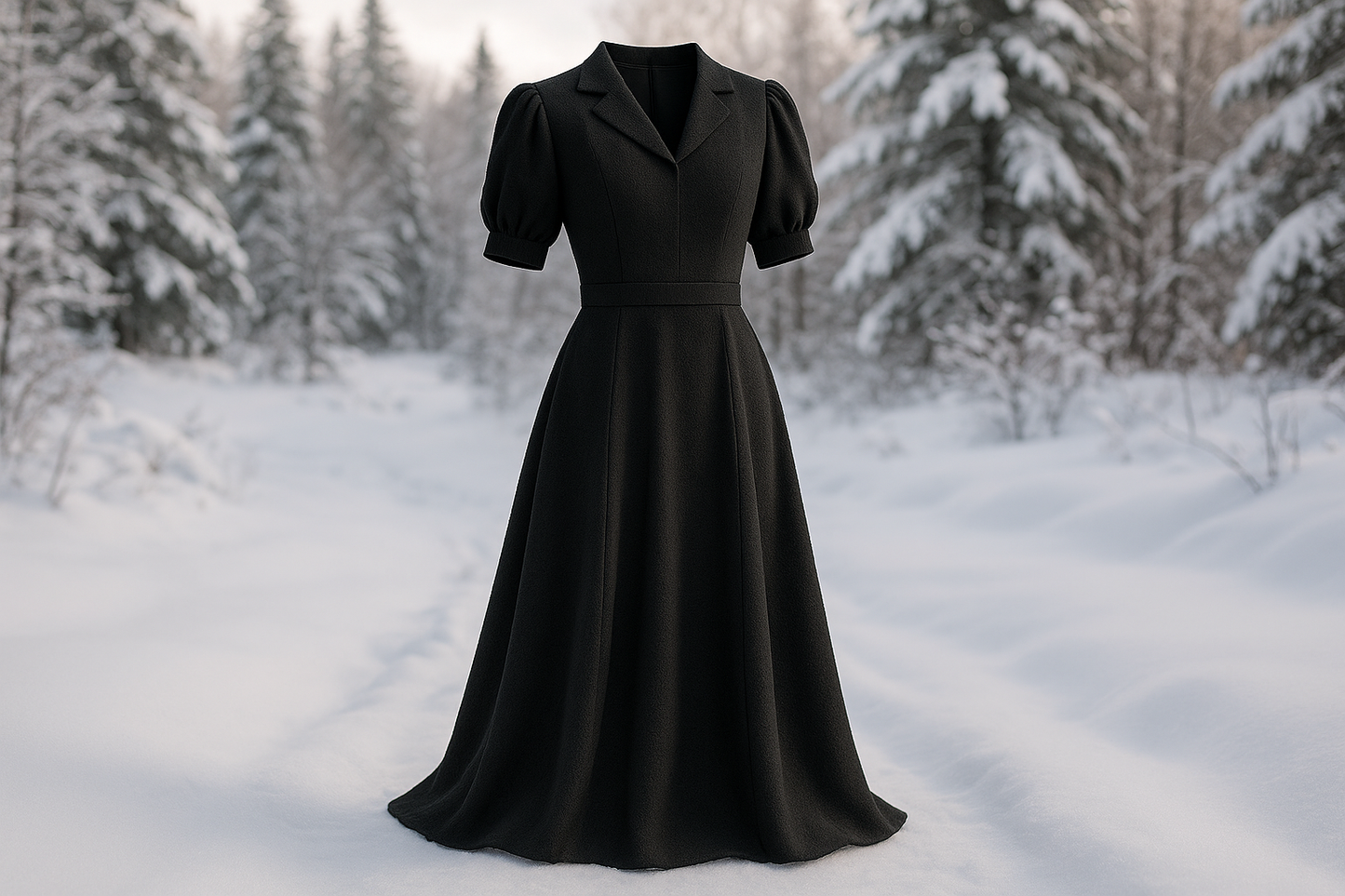 a lovely detailed long dress in winter look oudoor This wool crepe is 96% wool and has a luxurious texture on both sides, created by its tightly twisted yarns. This crepe offers some structure while also having good drape. With its beautiful texture and flattering fit this wool crepe would be great for skirts, dresses, pants, jackets & more. in color of black