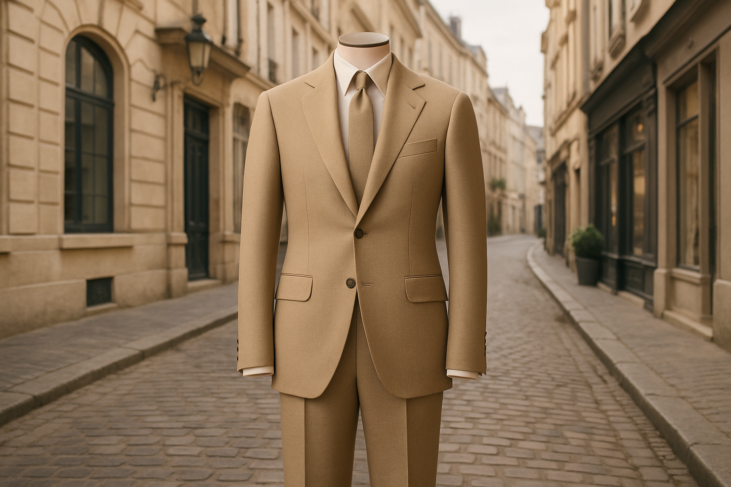 a lovely detailed suite for ladies in street background with Italian Suiting Virgin Wool Gabardine - Beige Sand
