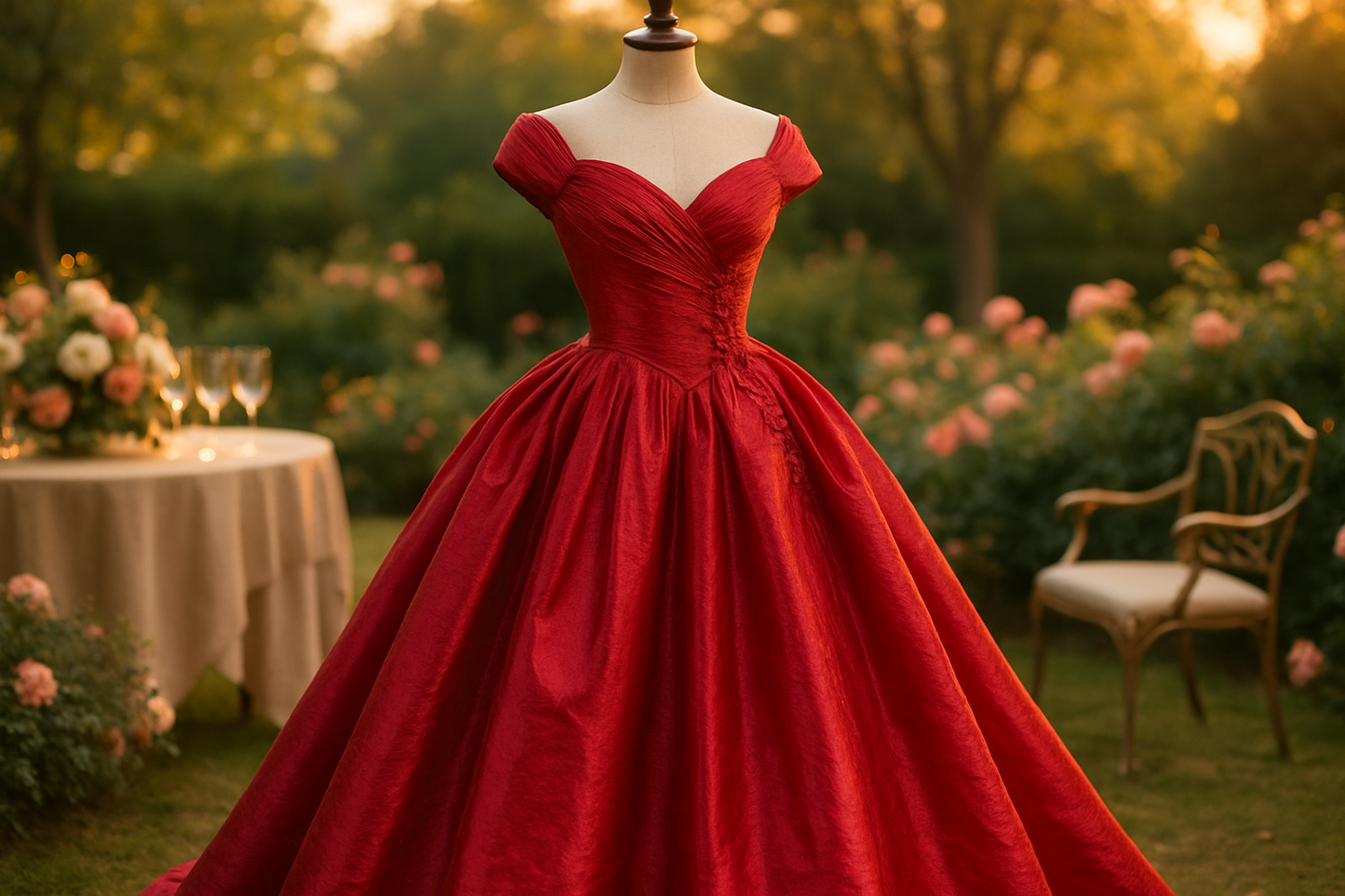 a lovely detailed taffeta dress in bright red for party in outdoor view