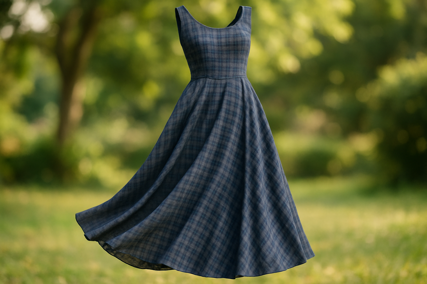 a lovely drape summer dress in outdoor area daylight with Poly Rayon small Plaid - Navy & Grey