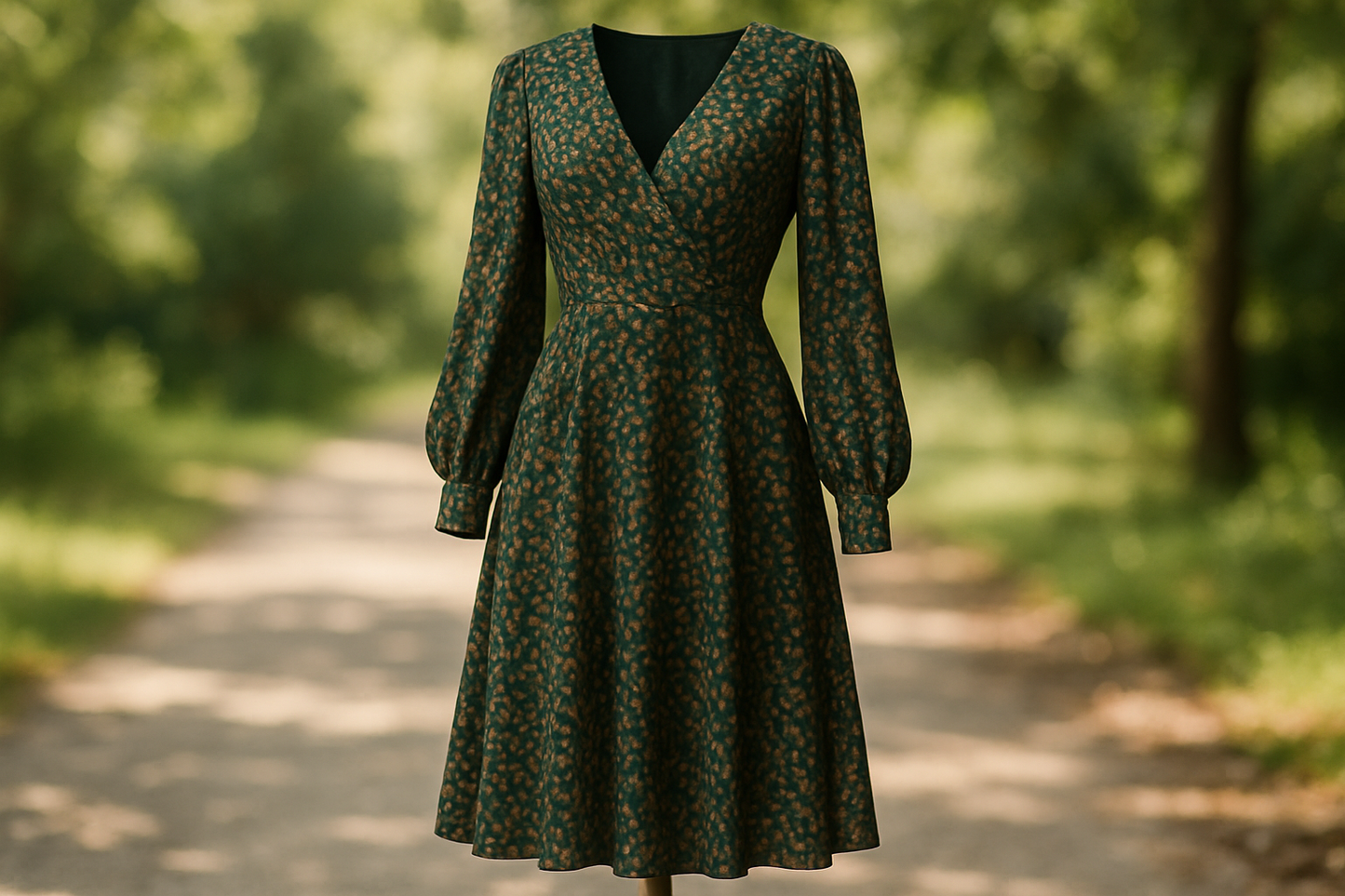a lovely dress in day light outdoor view abstract small print in color dark green and light brown