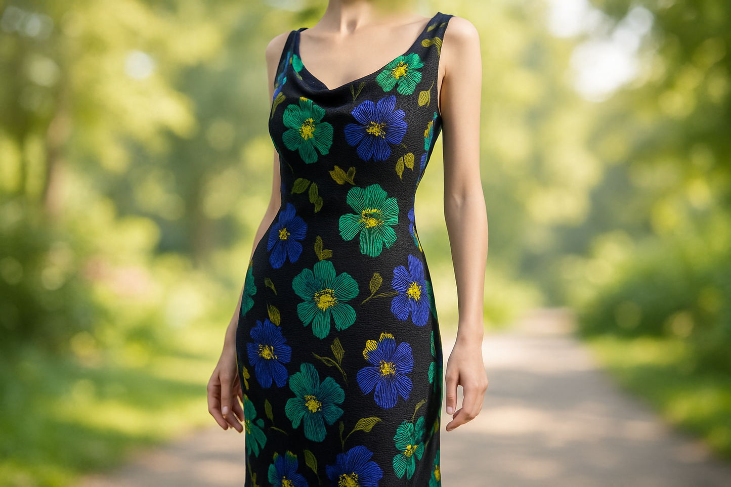 a lovely dress in light outdoor with This is a textured poly jersey, printed with a seasonal floral pattern. Green, blue and purple pop on a jet-black background with yellow highlights! This fabric is a great choice for comfy clothes and slinky dresses & form fitting tops