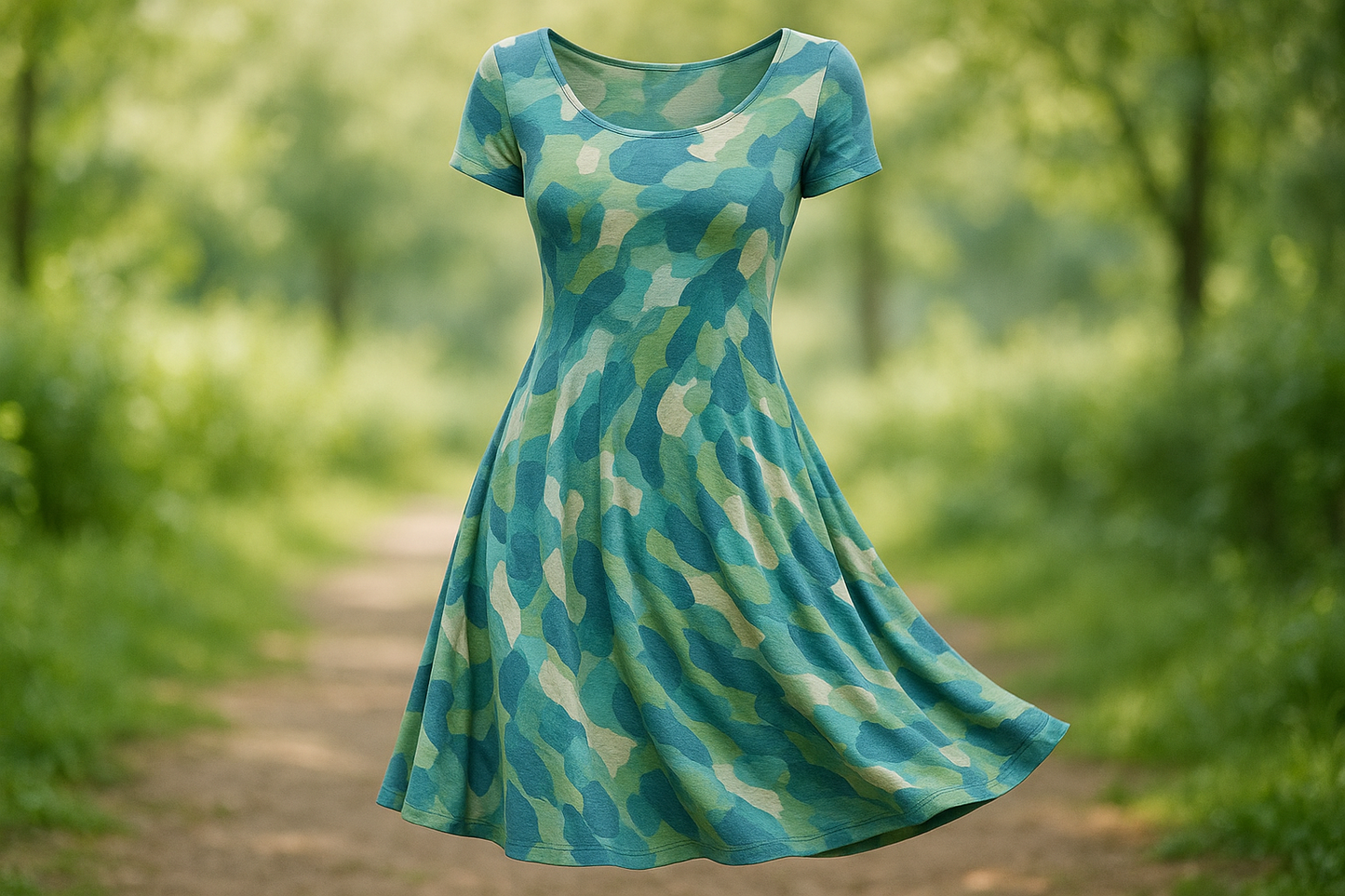 a lovely dress in llight oudoor with This is a very soft jersey, made from a mix of micro modal and spandex. Printed with a blue, green and off-white abstract pattern. This fabric is a great choice for comfy clothes and slinky dresses & form fitting tops!